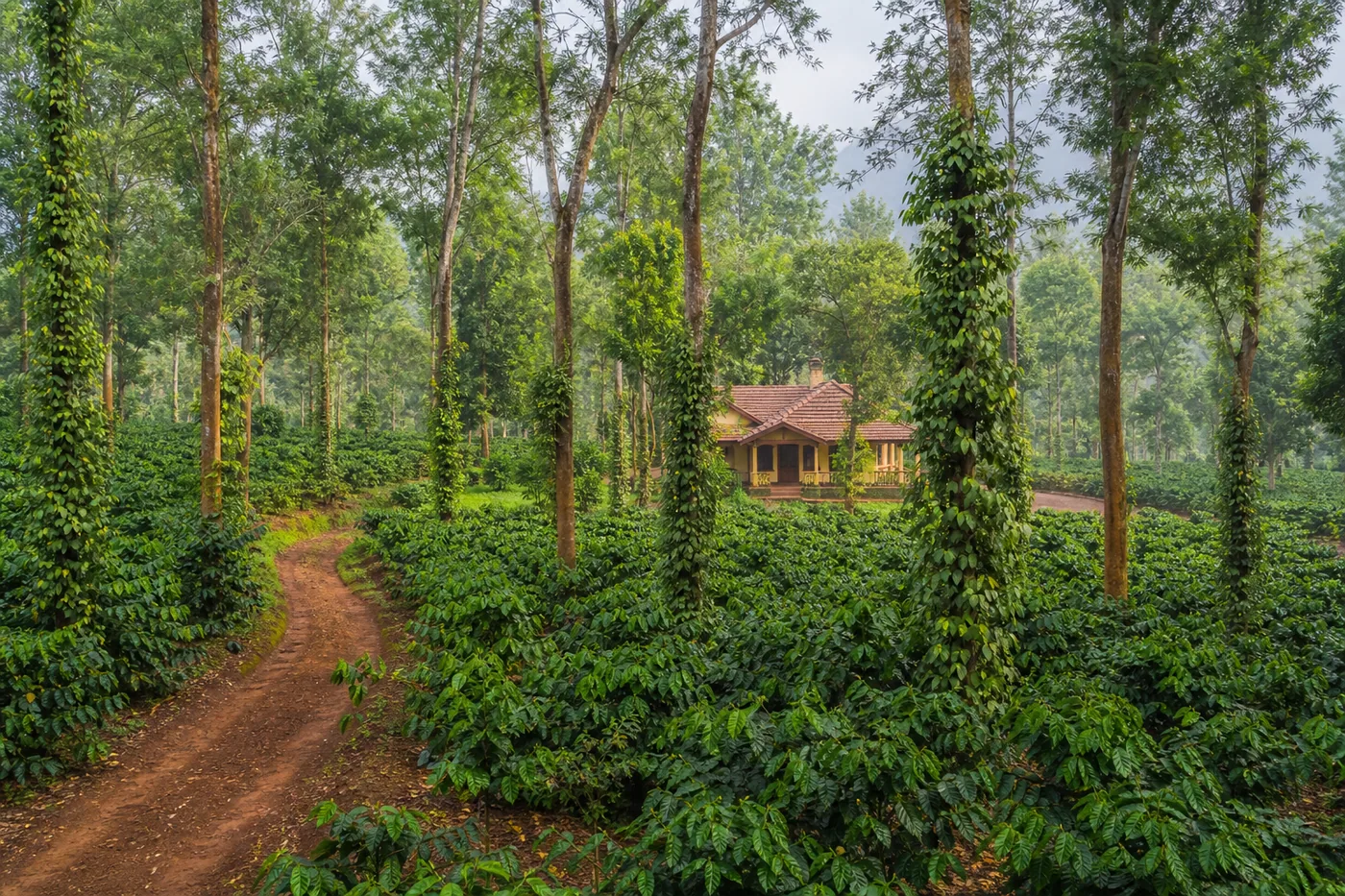 Coffee estate with pepper vines and an estate bungalow in Yercaud