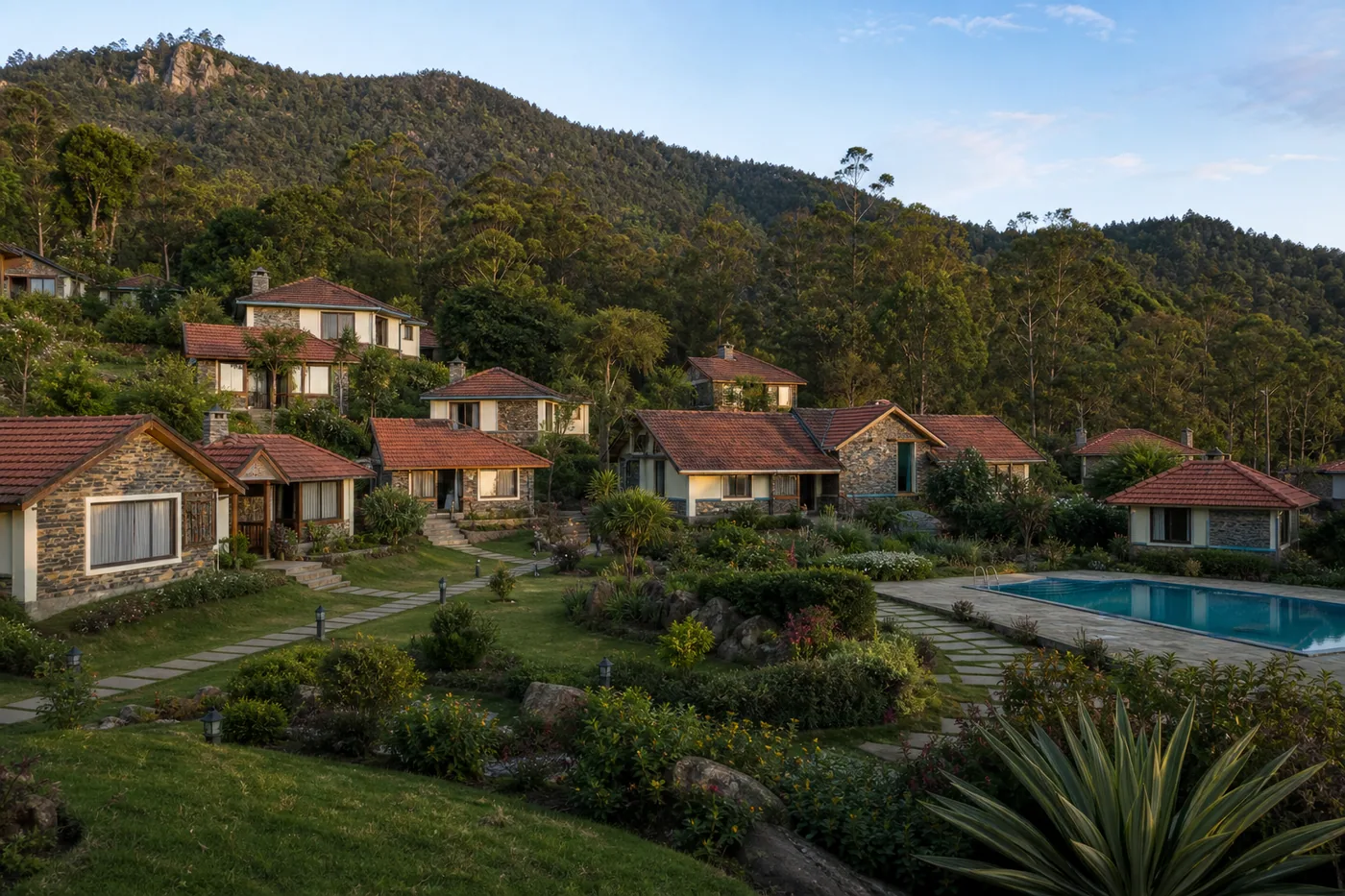 Hill-side resort cottages set against forested Yercaud slopes